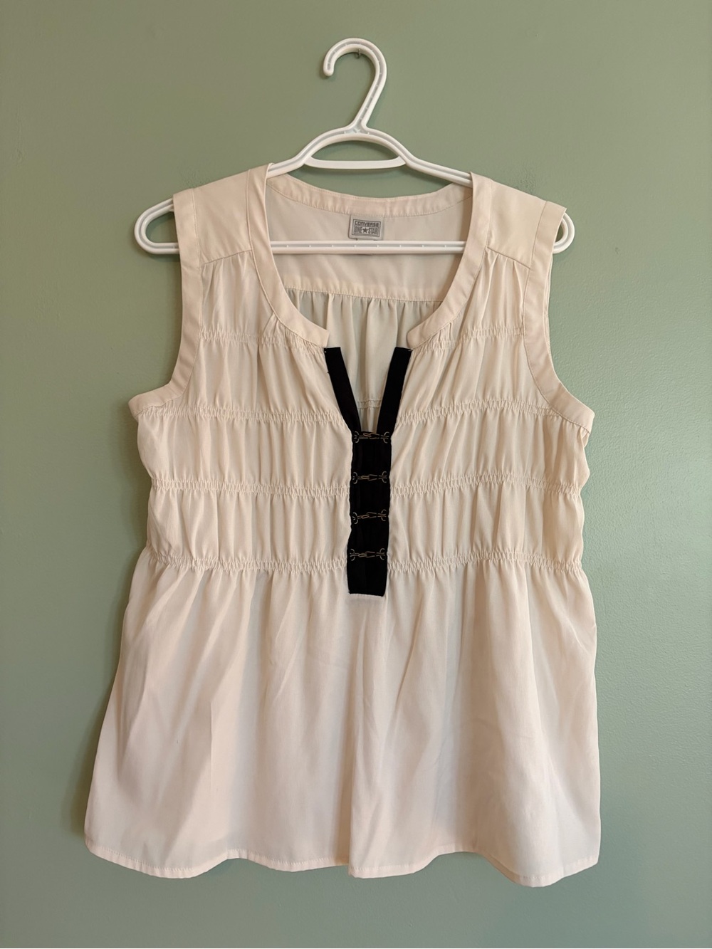 CONVERSE ONE STAR Babydoll Top L Cream Romantic Smocked Whimsigoth Y2K Boho